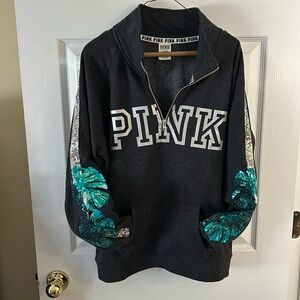 Victoria’s Secret Pink Half-Zip Pullover in grey, with sequined appliqués